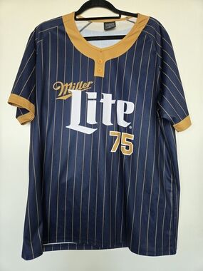​Miller Lite #75 Pinstripe Baseball Jersey Visual Impact Mens XL Navy Gold